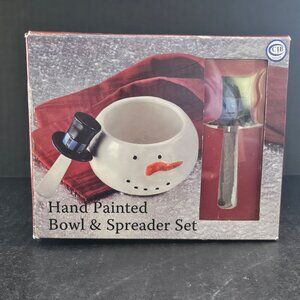 CIB Hand Painted Snowman Bowl and Spreader Set New Old Stock Christmas Dip Bowl